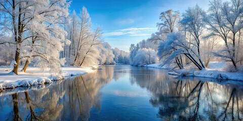 Frozen forest landscape with snow-covered trees along a serene winter river