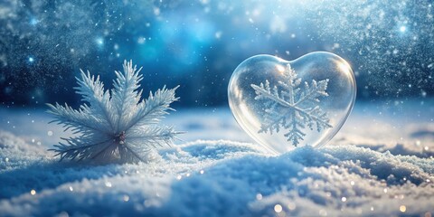 A delicate snowflake gently falls onto a frozen ice heart in winter landscape with frosty trees and sparkling snowflakes, nature