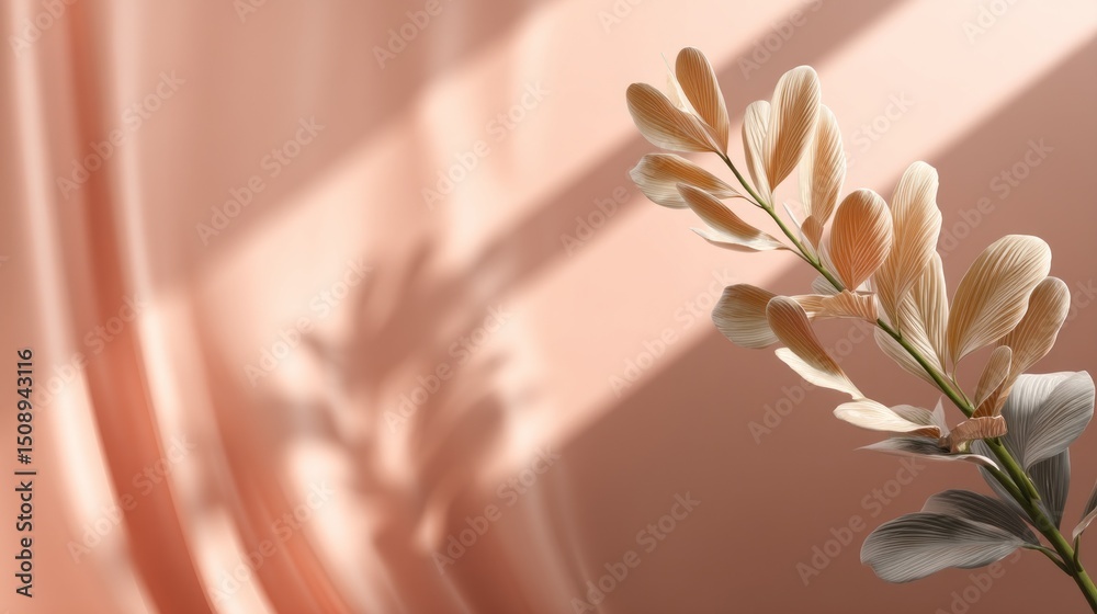 Poster a single branch with soft leaves is positioned against a warm peach background. light creates gentle