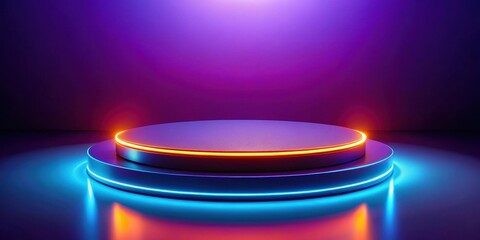 Platform with a round shape and a neon orange glow on a purple and blue gradient background, created using LED lights or a similar technology , modern, futuristic