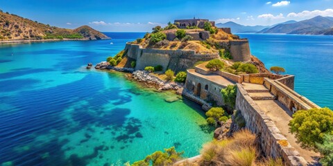 Overgrown fortifications of Spinalonga Fortress overlooking turquoise Aegean Sea , waterfront scenery, blue waters