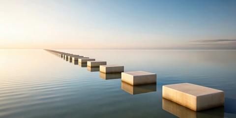 Abstract pathway of beige rectangular blocks floats over calm water, minimalist scenery, natural beauty