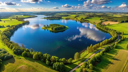 Panoramic view of a lake from a drone , meadows, lakes,  meadows, lakes