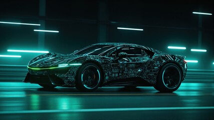 Obraz premium Futuristic Sports Car in Neon-Lit Garage