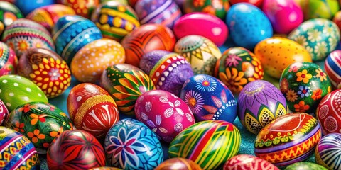 Easter egg pile in vibrant colors, decorated eggs , colorful,  decorated eggs , colorful, seasonal, basket