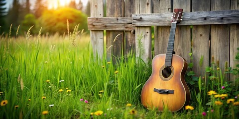 A guitar rests against a weathered wooden fence, set amidst lush green grass with wildflowers swaying gently in the breeze , grass