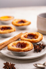 Traditional Portuguese custard tarts or Pastel de Nata freshly baked cream dessert. High quality photo