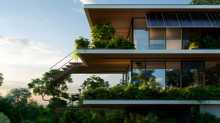 Fototapeta premium Modern Eco Friendly Multistory Building With Green Facade And Wooden Balconies