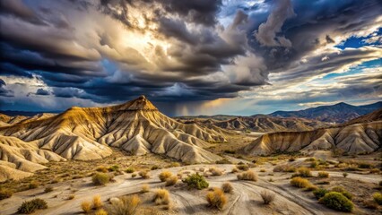 Dramatic clouds gather over Tabernas Desert in Almeria, with twisted rock formations and a vast sandy landscape, landscape, dramatic sky