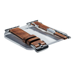 Brown leather watch band on display, showcasing craftsmanship and elegant design, close-up.
