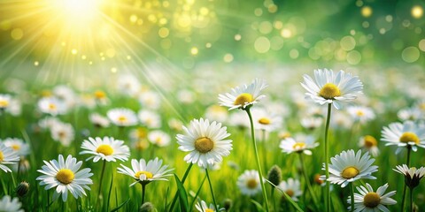 Emerald green fields with small white flowers and a few yellow daisies, springtime scene