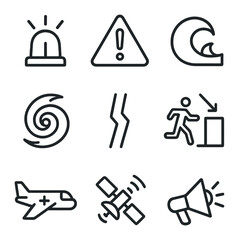 Obraz premium Emergency Alert Icons. Outline icon set of emergency global alerts: siren beacon, alert triangle, tsunami wave, hurricane icon,