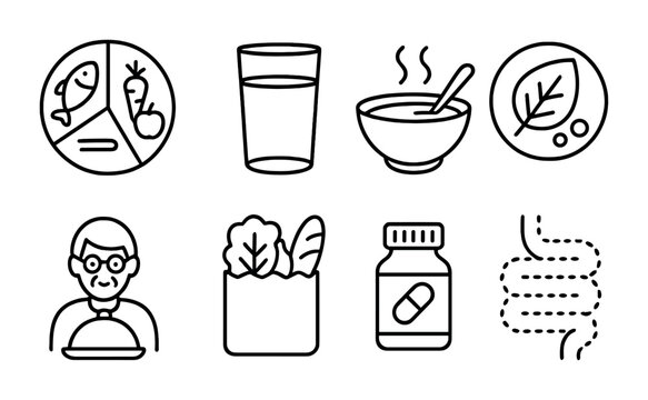 Healthy nutrition and gut health icons for wellness and dietary guides