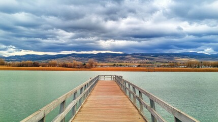 Obraz premium Wooden pier stretching into a calm lake under a cloudy sky with distant hills