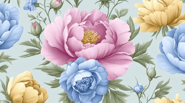 Seamless pattern with pastel blue, pink and yellow peonies, roses and bellflowers in vintage illustration style