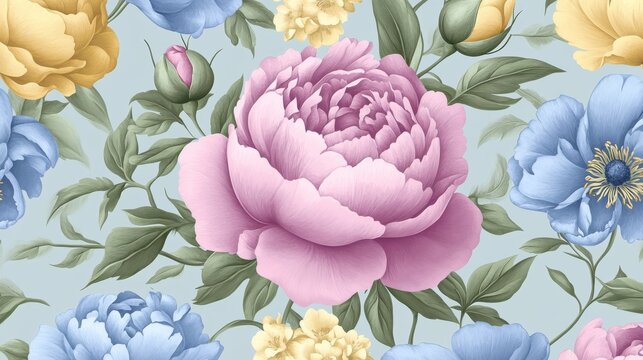 Seamless pattern with pastel blue, pink and yellow peonies, roses and bellflowers in vintage illustration style - Powered by Adobe