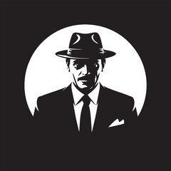 A man in a suit and hat stands in front of a white circle in a black and white illustration style