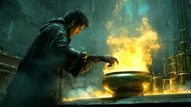 Alchemist manipulating a cauldron of golden flames.