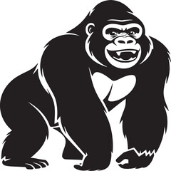 A stylized black and white illustration of a gorilla standing with a slight smile on its face