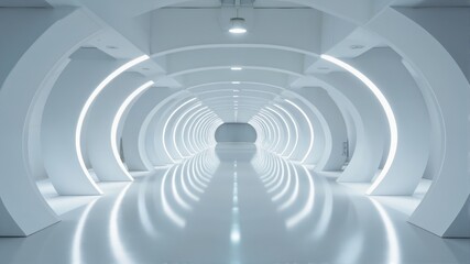 Obraz premium Futuristic White Tunnel with Glowing Circles and Reflective Floor