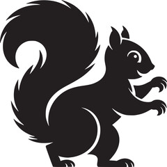 A black silhouette of a squirrel with a bushy tail on a white background in a cartoon style image