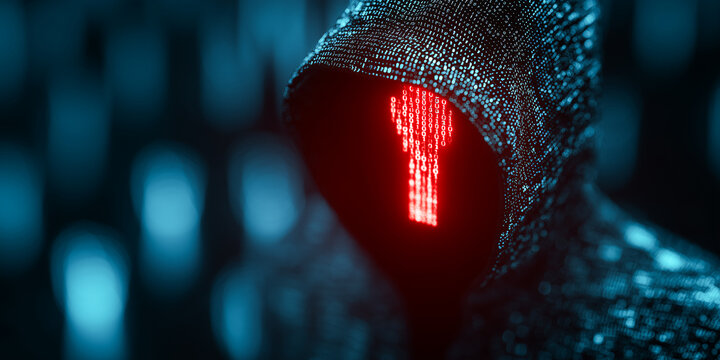 Hooded hacker showing exclamation mark made of binary code, cybercrime concept