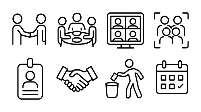 Business meeting and collaboration icons for networking and scheduling