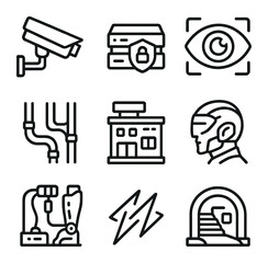 Dystopian Urban Tech Icons. Outline icon set of dystopian urban tech: CCTV camera, encrypted hub,
