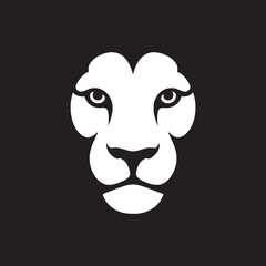 A stark white lion face graphic against a black background minimalist and modern design centered view