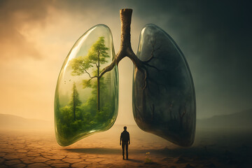 Breath of Nature: A powerful visual juxtaposition of a healthy lung teeming with vibrant life and a diseased one, symbolizing the vital connection between nature, environmental well-being.