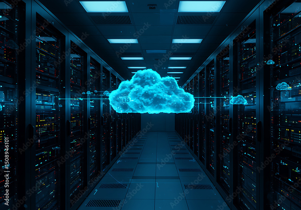 Poster cloud computing digital network in futuristic data center 3d render - technology and it infrastructu