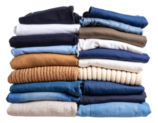 A clean stack of organized garments including casual wear and home essentials, isolated on a transparent background.