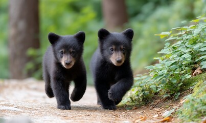 Fototapeta premium Curious bear cubs prance through the forest
