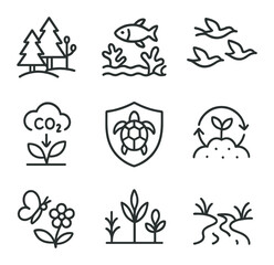 Ecological Harmony Icons. Outline icon set of ecological harmony: sustainable forest, ocean reef,