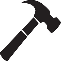 A stark black silhouette of a claw hammer isolated against a plain white background in a simple design