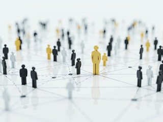 Colorful Human Figures Connected by Dotted Lines on a White Background, Representing Social Networking, Teamwork, Leadership, Diversity, and Community Structure in a Digital Concept