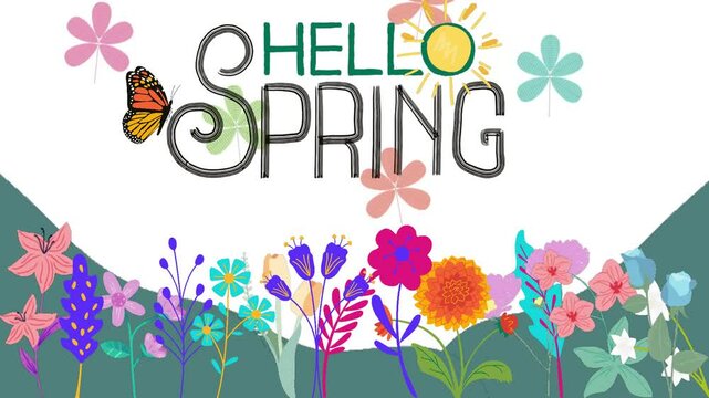 moving animation of hello spring with flower's, sun, butterfly, leaf, plant and colorful background