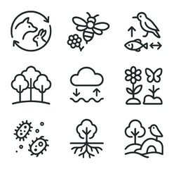 Fototapeta premium Ecosystem Balance Icons. Outline icon set of ecosystem balance: predator-prey cycle, pollination bee