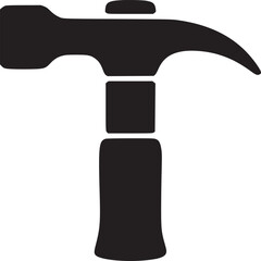 A simple black silhouette of a hammer tool with a white background in a centered composition