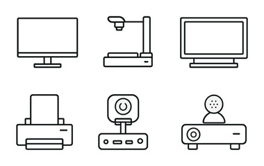 Minimalist icons of office technology and equipment for digital design projects