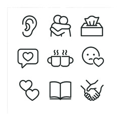 Emotional Support Icons. Outline icon set of emotional support for loved ones: listening ear,