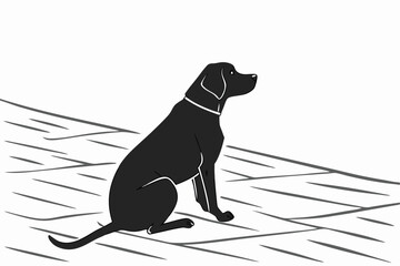 Animated black labrador retriever dog sitting on an abstract surface illustration