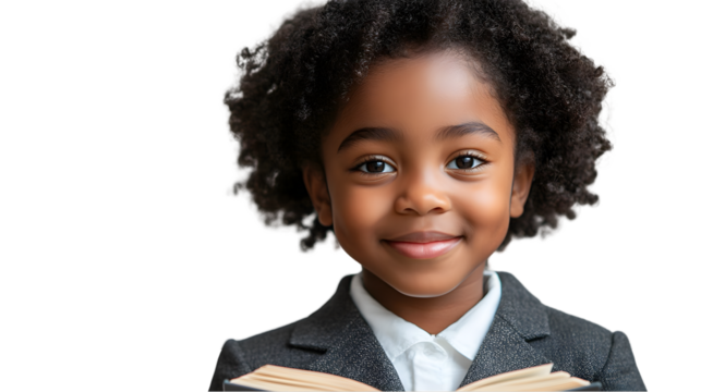 
Smiling Black child in school uniform holding an open book, expression of curiosity and joy, transparent background