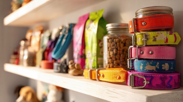 Pet Supplies Colorful Collars Treats and Food on Shelves