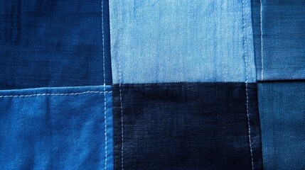 Naklejka premium Close-up of a patchwork denim fabric showcasing various shades of blue and stitching details