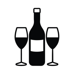 Wine Bottle and Glasses Silhouette Vector.
