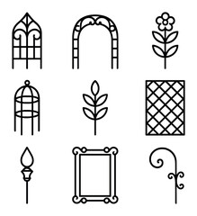 Garden Trellis Icons. Outline icon set of decorative trellises and plant supports: wrought-iron trellis, scrollwork arch,