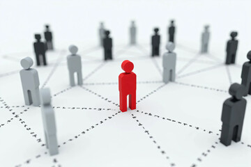 Colorful Human Figures Connected by Dotted Lines on a White Background, Representing Social Networking, Teamwork, Leadership, Diversity, and Community Structure in a Digital Concept
