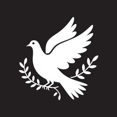 White dove with olive branch on black background symbolizing peace and hope in a simple illustration