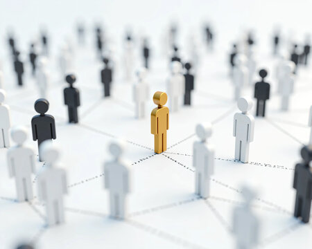 Colorful Human Figures Connected by Dotted Lines on a White Background, Representing Social Networking, Teamwork, Leadership, Diversity, and Community Structure in a Digital Concept